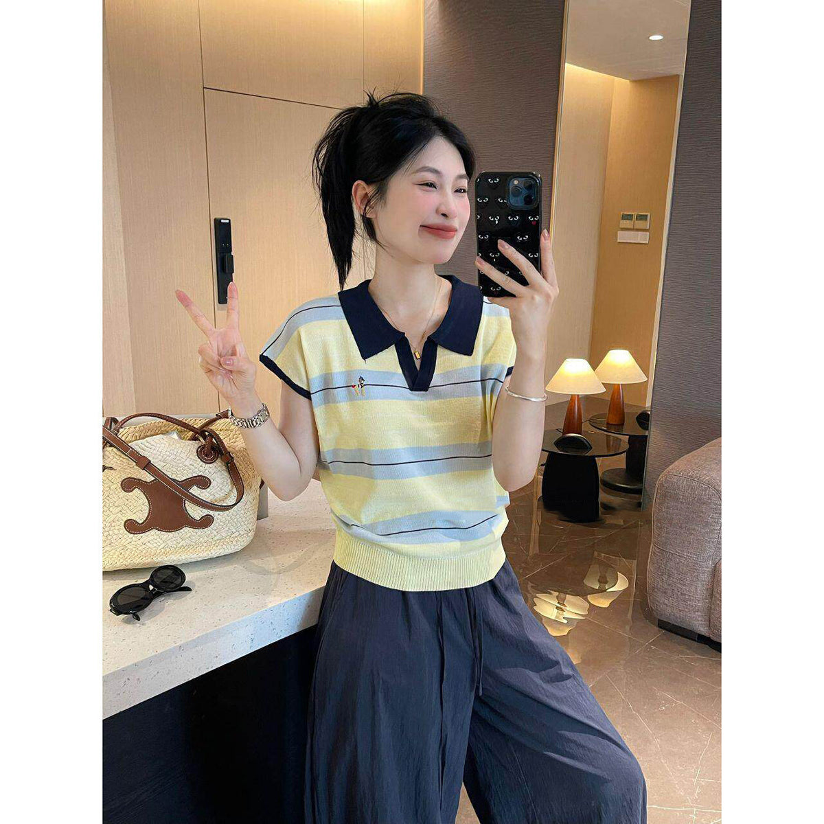 minimalist striped polo neck knitted top for women