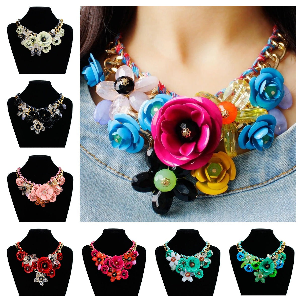 Colorful flower gemstone pendant rope braided necklace short clavicle exaggerated women's accessories necklace