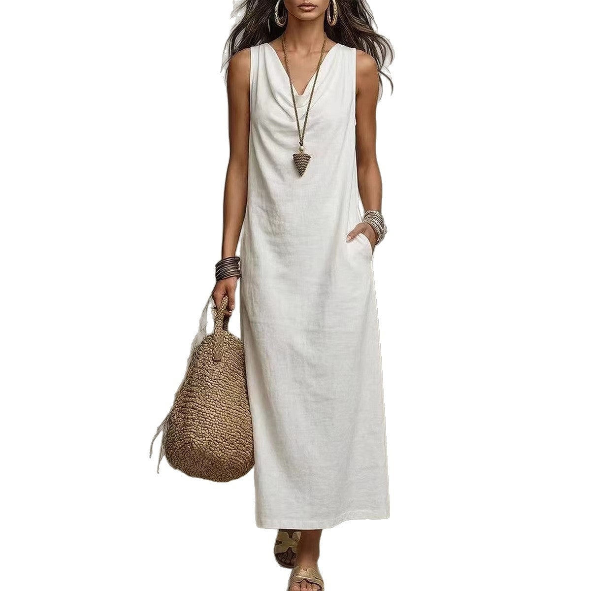 Elegant Sleeveless V-Neck Long Dress Summer Fashion Dress