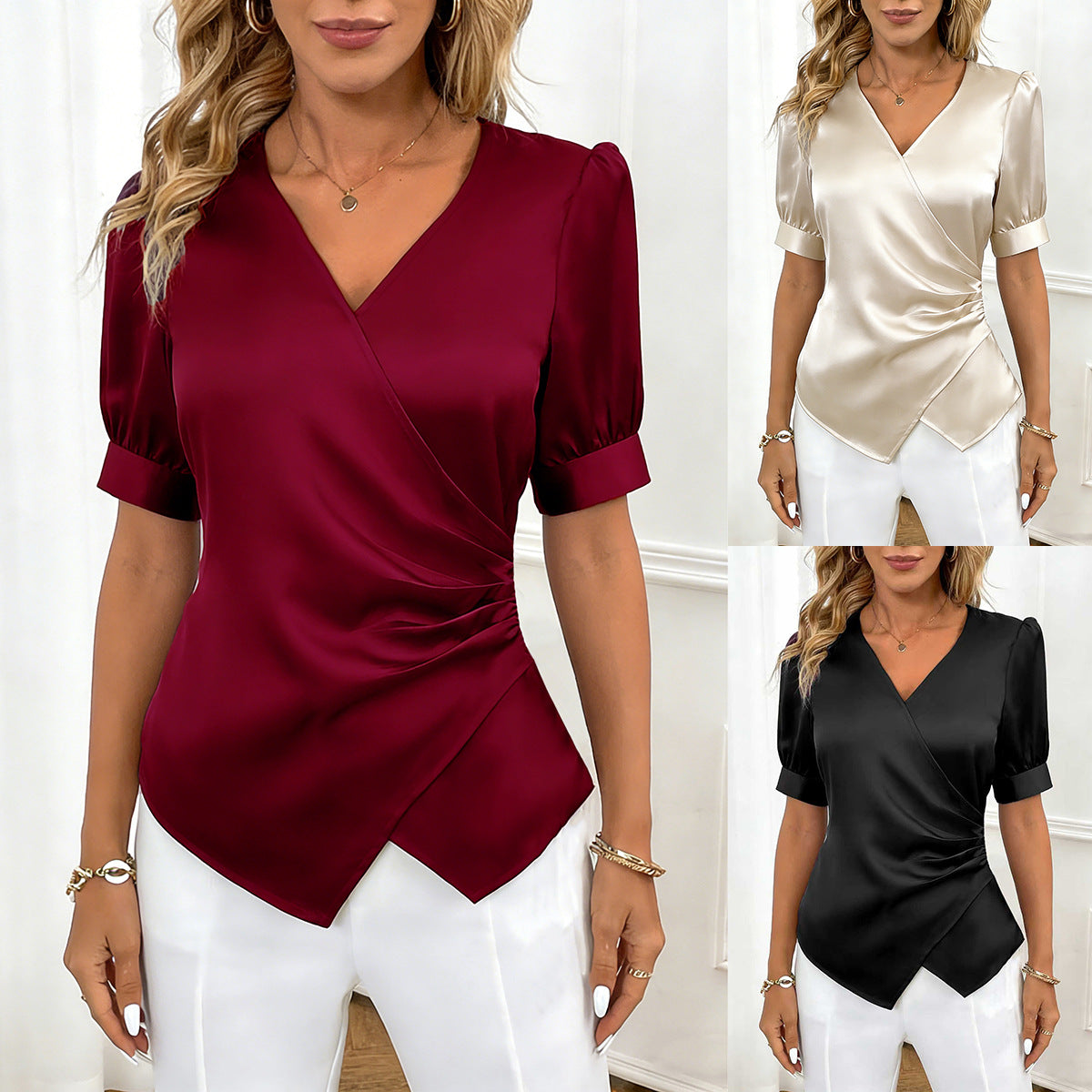Solid color V-neck slim fit short sleeved shirt