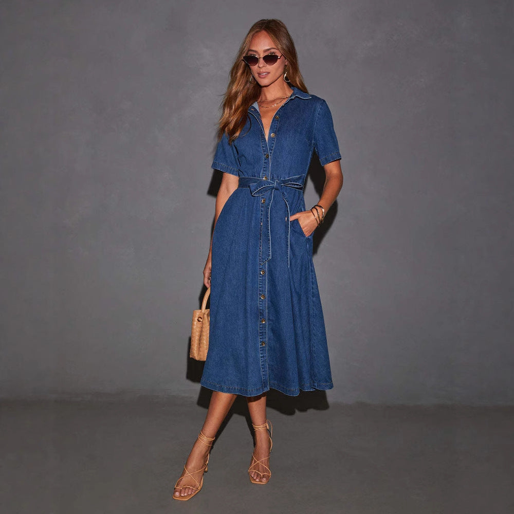 Vintage V-Neck Tie-Front Denim Dress Long Dress Fashion French Elegant Dress for Women