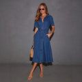 Vintage V-Neck Tie-Front Denim Dress Long Dress Fashion French Elegant Dress for Women