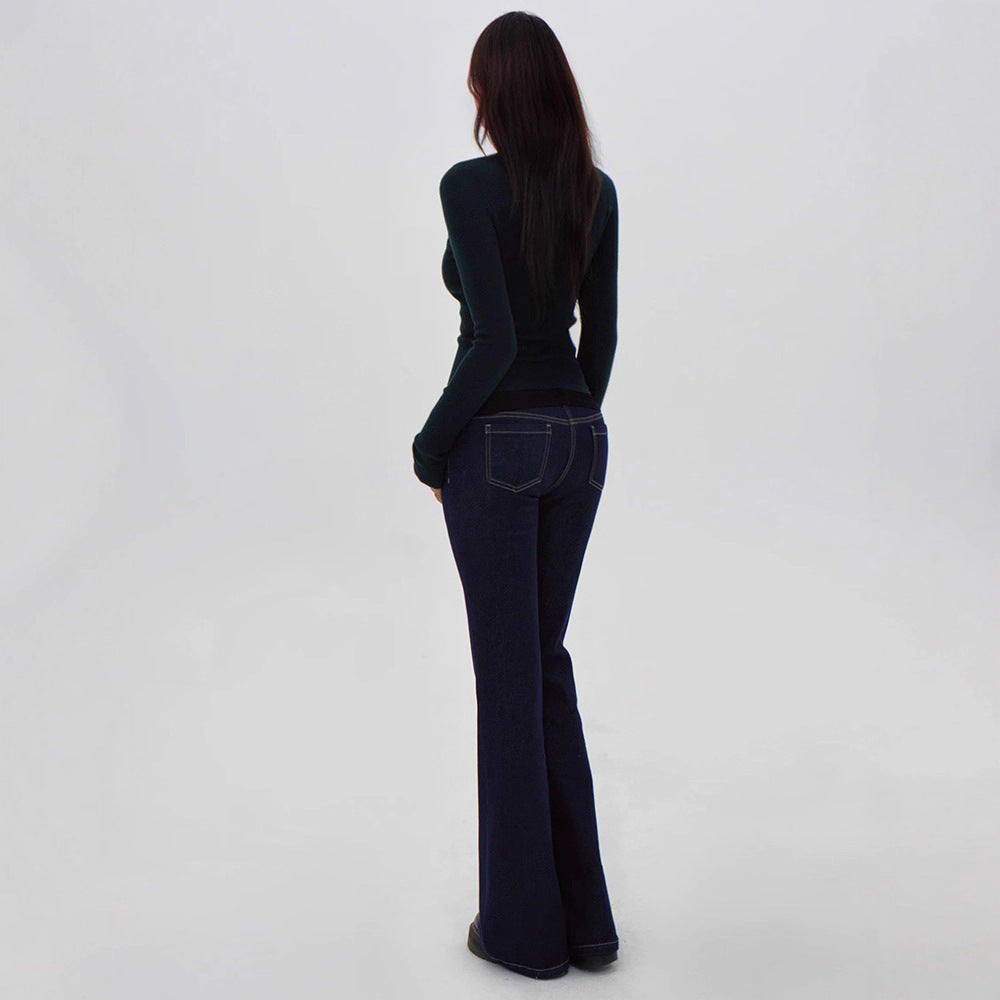 Low-Waist Original Color Straight Leg Flared Denim Jeans with Stretch,  Waist-Defining Long Pants for Women