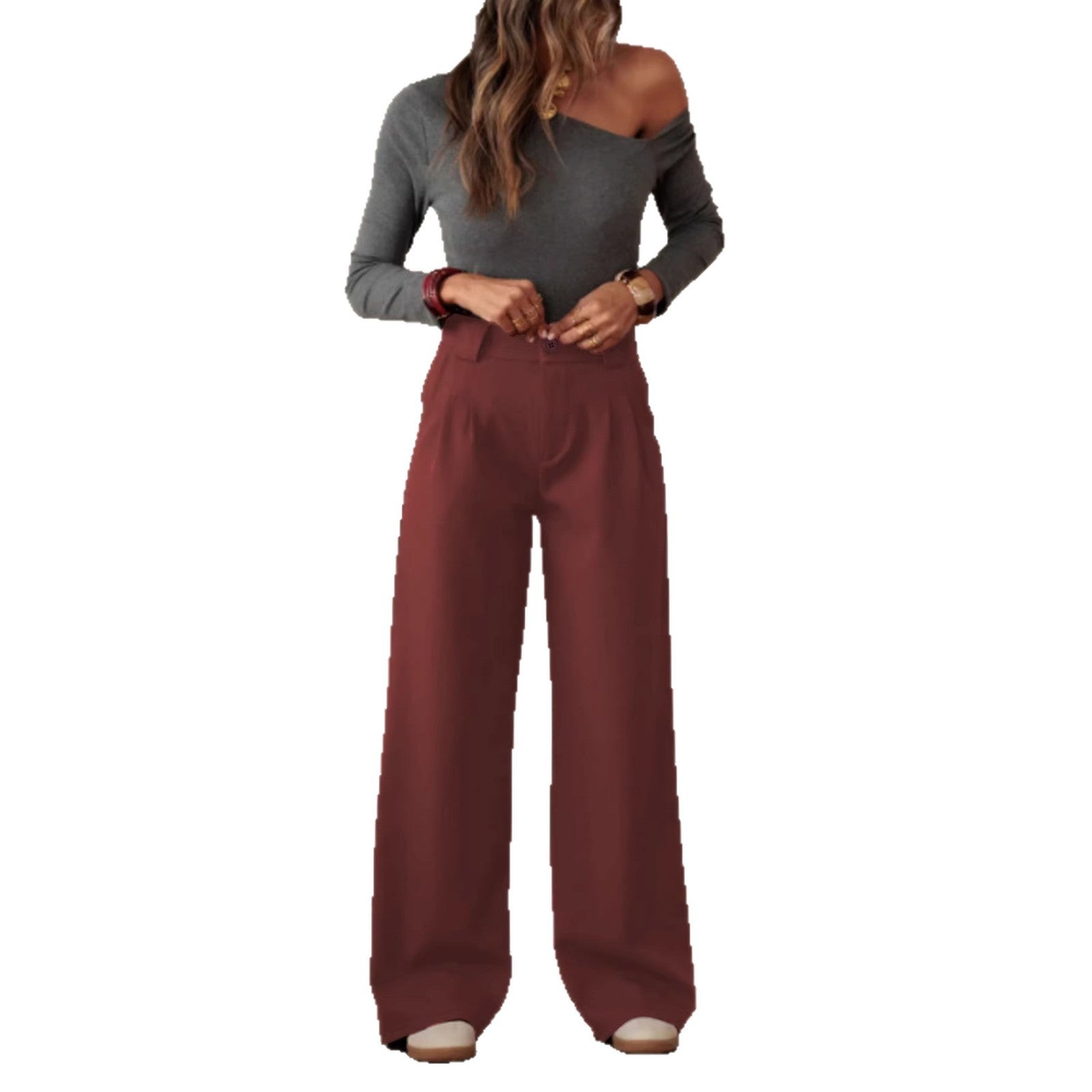 Fashionable High-Waisted Suit Pants for WomenButton Closure, Spring and Summer Casual Trousers