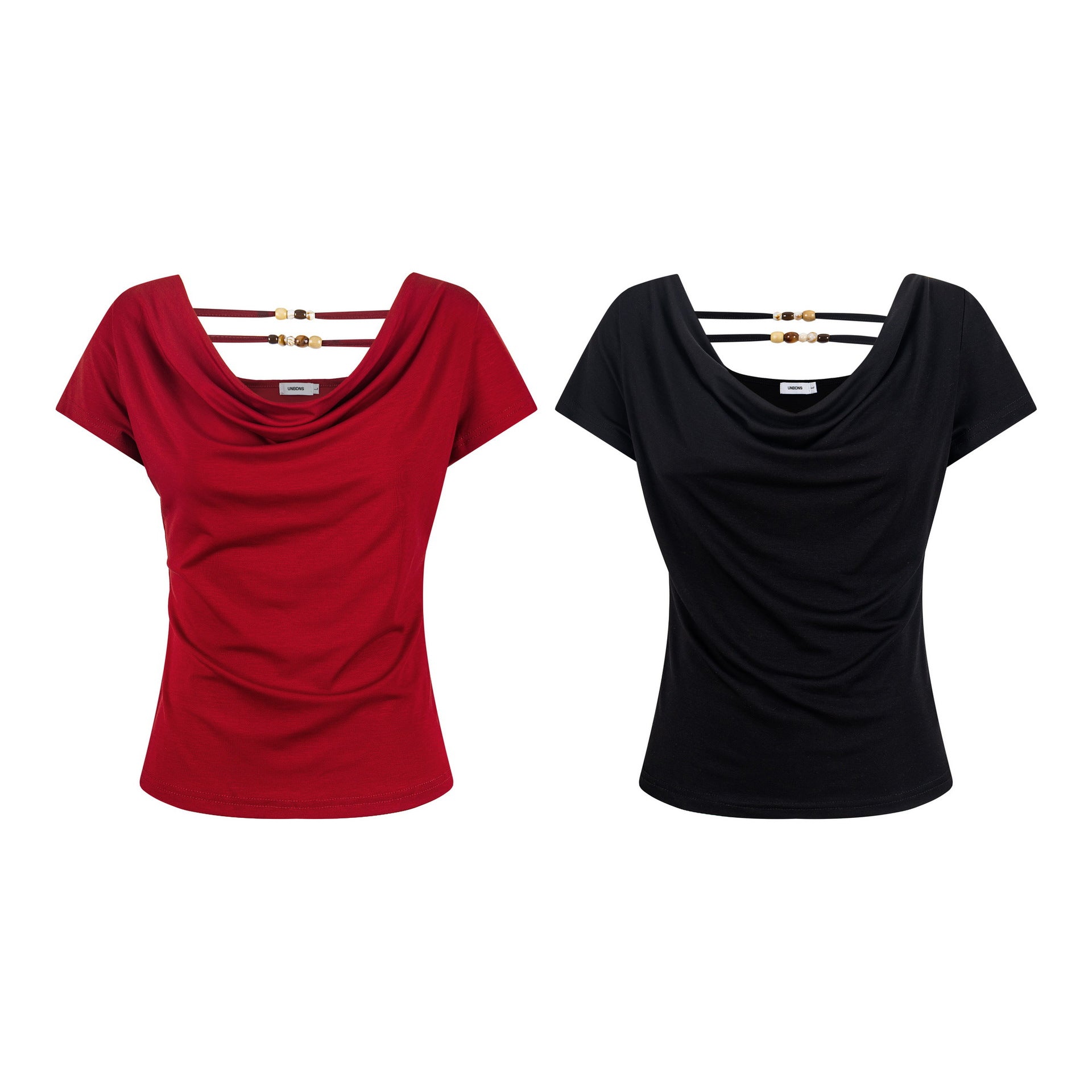 Off-Shoulder Short Sleeve T-Shirt with Back Beaded Detail, Fitted Slim Fit Top