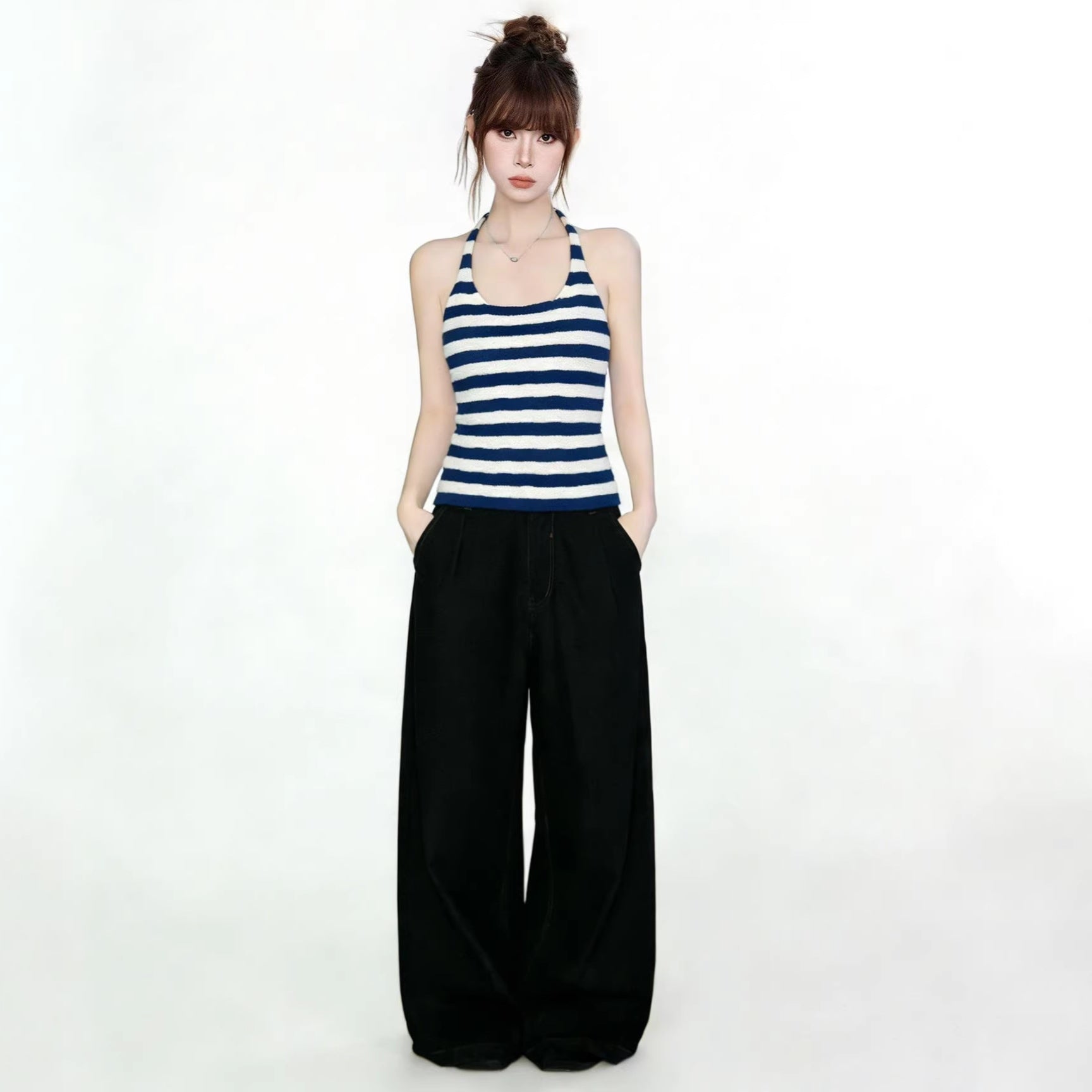 Blue and White Stripe Crop Top for Women, Knit Halter Neck Sleeveless Vest
