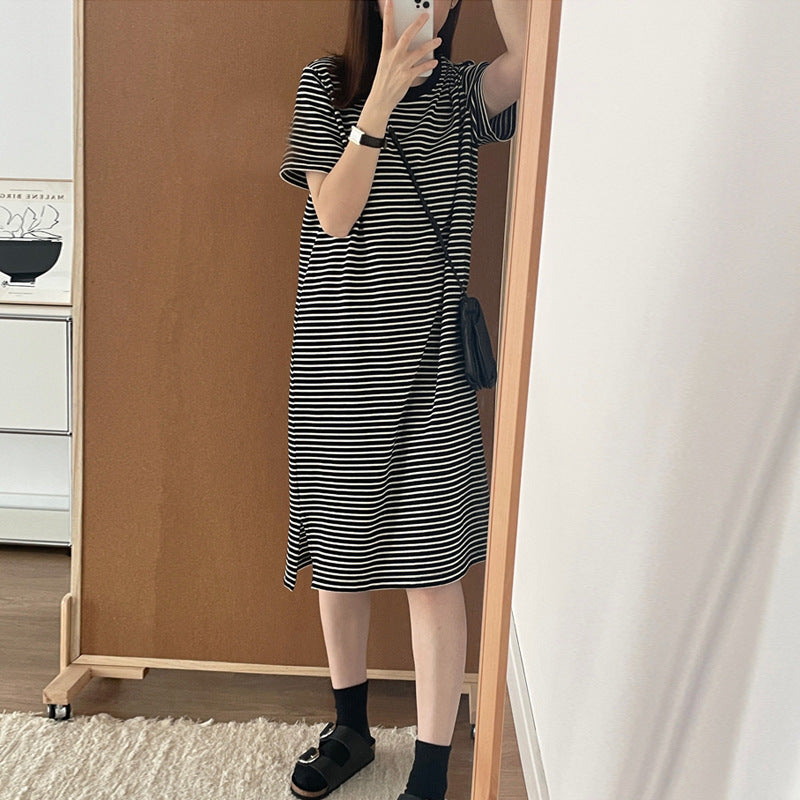 Cotton Dress Mid-Length Knee-Length  Loose Straight Silhouette Slimming Short Sleeve Dress