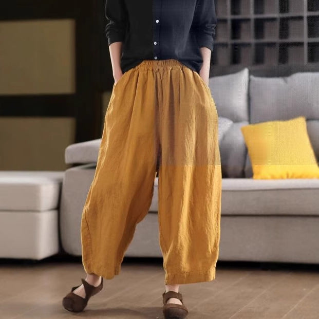 Summer New Heavy Sand-Washed Linen Vintage Color Loose Trousers Slim Literary Flare Pants Harem Pants
