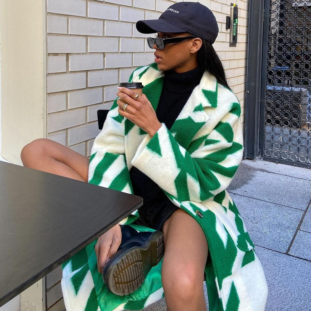 Autumn Long Sleeve Notched Lapel Printed Woolen Trench Coat for Women