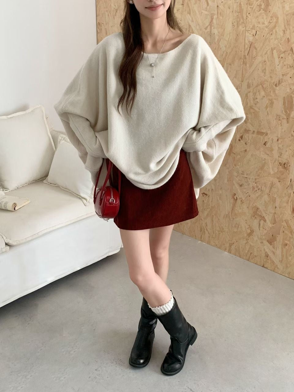 Lazy Style Knit Sweater Coat for Women, Irregular Design Batwing Sleeve Top