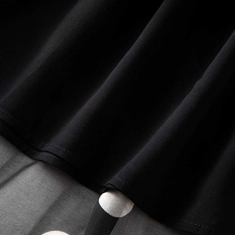 Black Polka Dot Silk Skirt for Women, Lightweight Chiffon Satin Beach Skirt with Floral Pattern