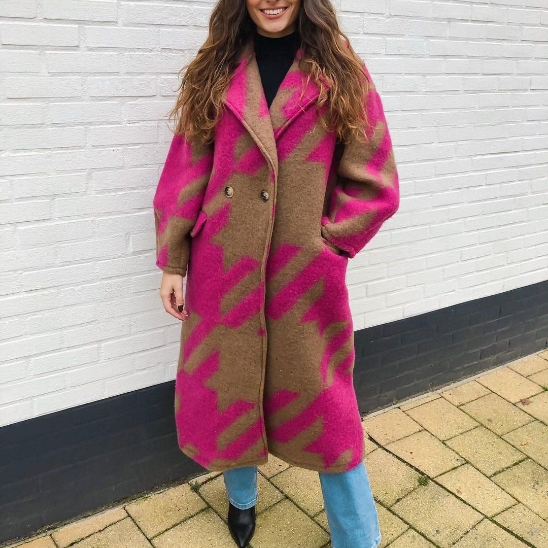 Autumn Long Sleeve Notched Lapel Printed Woolen Trench Coat for Women