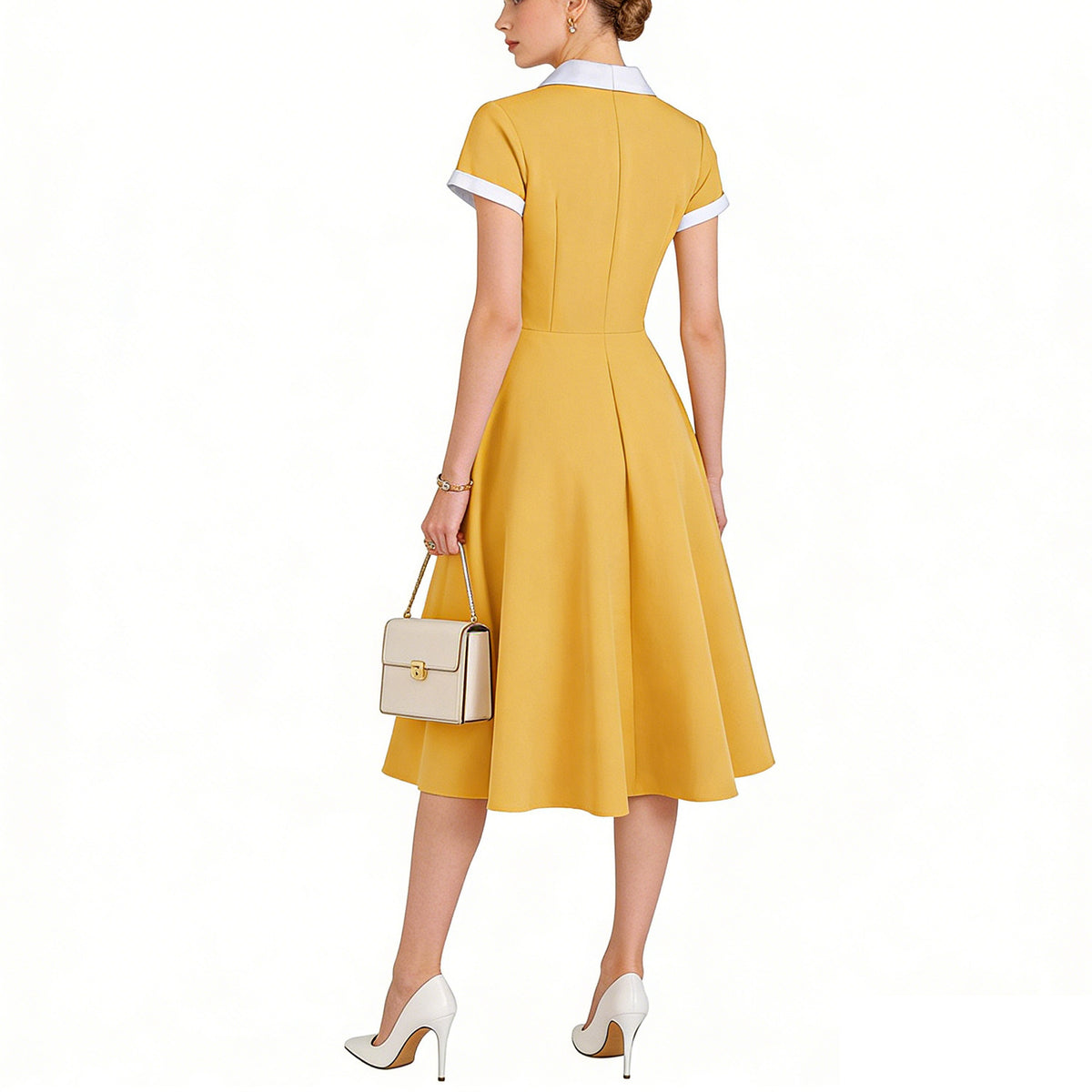 Hepburn Style Vintage Dress, Court Fit Waist Color Block Collar Party Performance Dress, Flared Mid-Length A-Line Dress