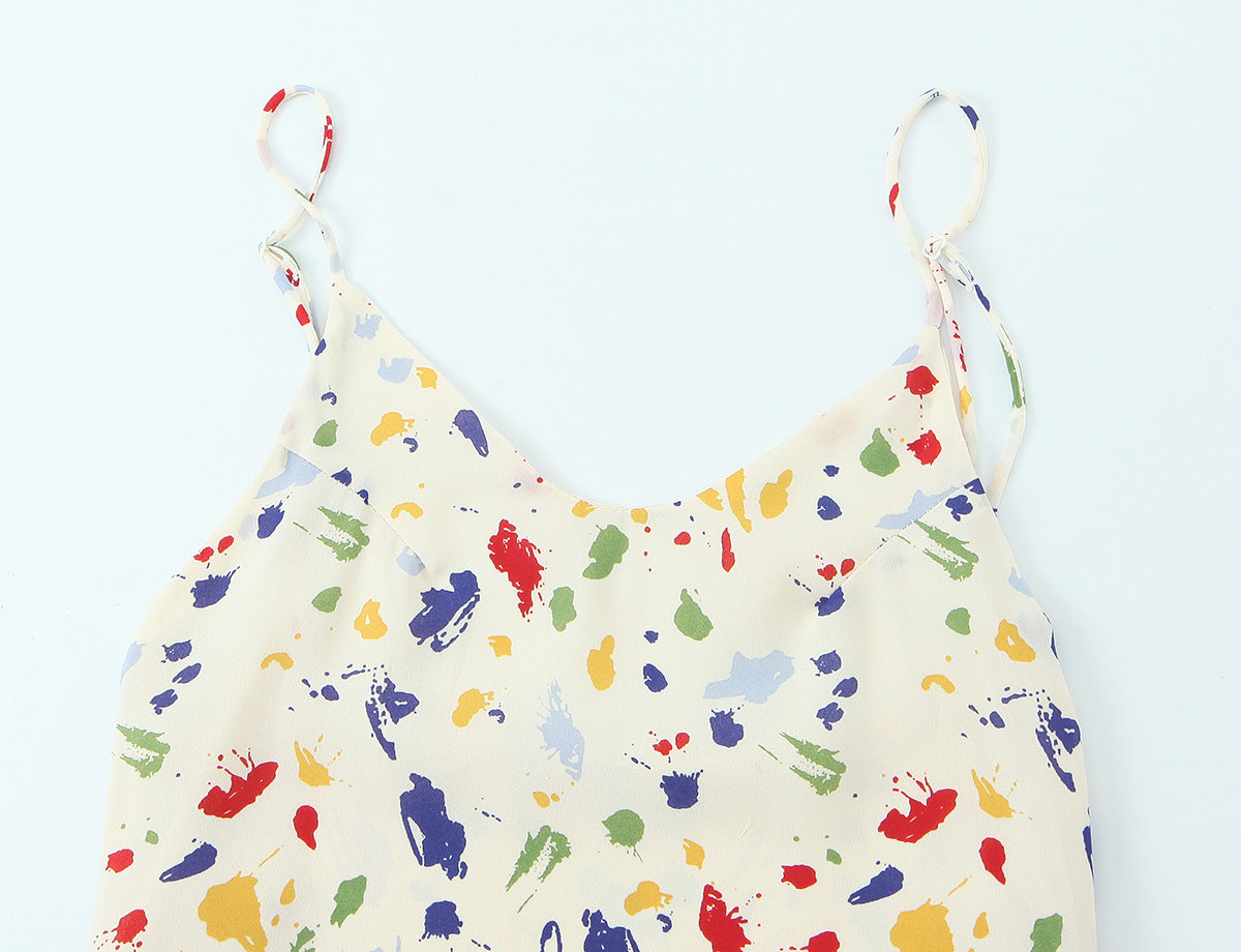 Colorful spotted printed backless lace up suspender dress