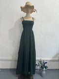Ruched Letter Print Green Strap Long Dress with Waistline Elegant Casual Knit Dress