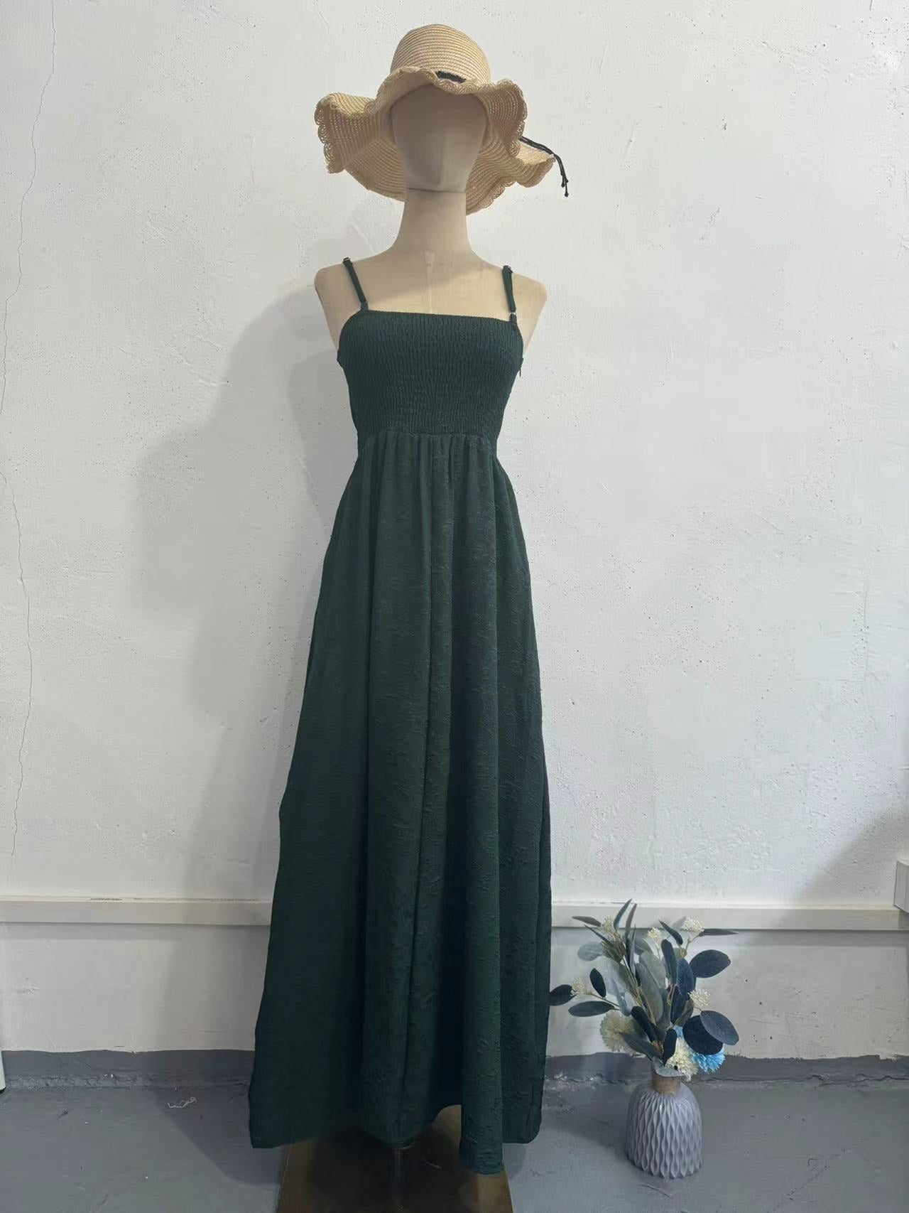 Ruched Letter Print Green Strap Long Dress with Waistline Elegant Casual Knit Dress