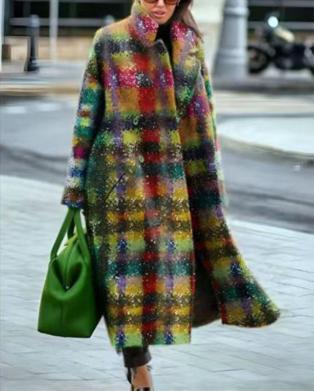 Autumn Long Sleeve Notched Lapel Printed Woolen Trench Coat for Women