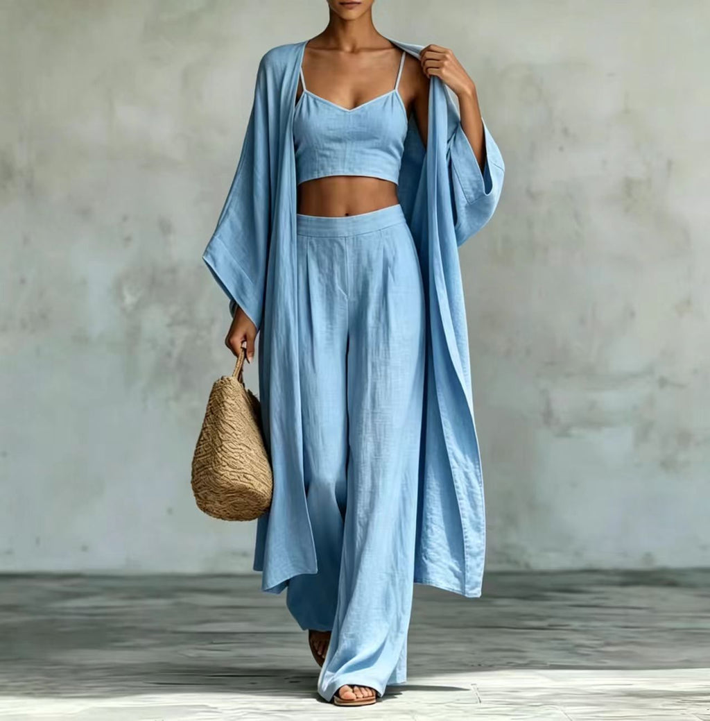 Loose cardigan short strap high waist wide leg pants set