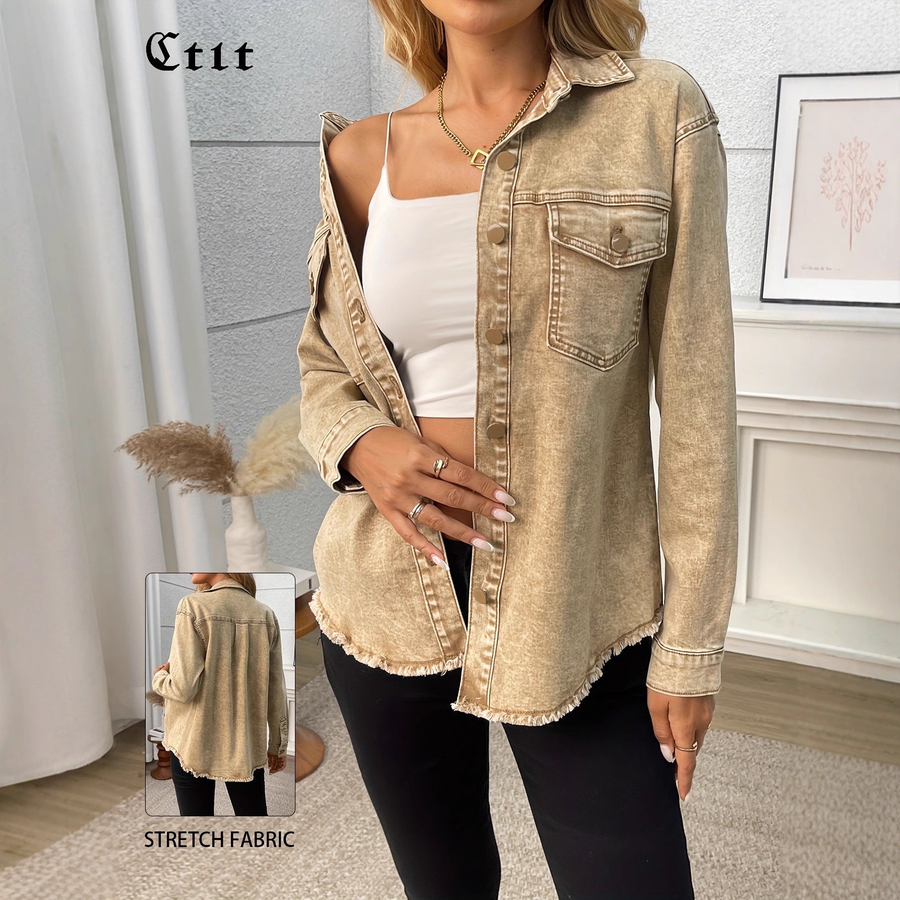 Casual Loose Slim-Fitting High-Elastic Long Sleeve British-Style Cargo Pocket Oversized Denim Shirt in Khaki