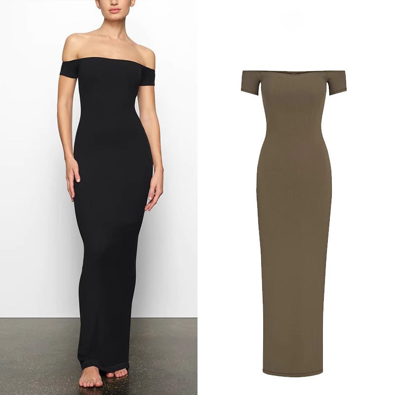 Pure Seductive Off-Shoulder Dress , Bodycon Fitted Waist-Cinching Long Dress for Date Night,