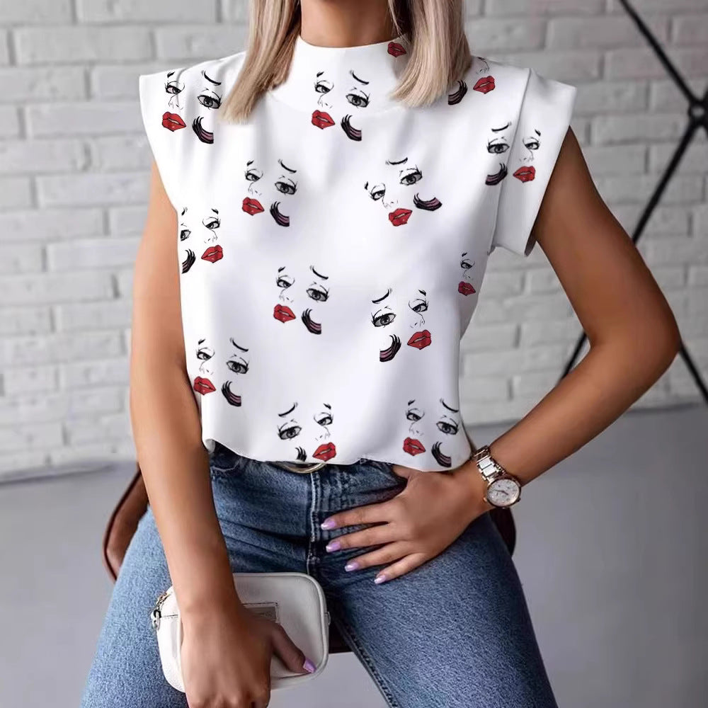 Stand up collar printed sleeveless top