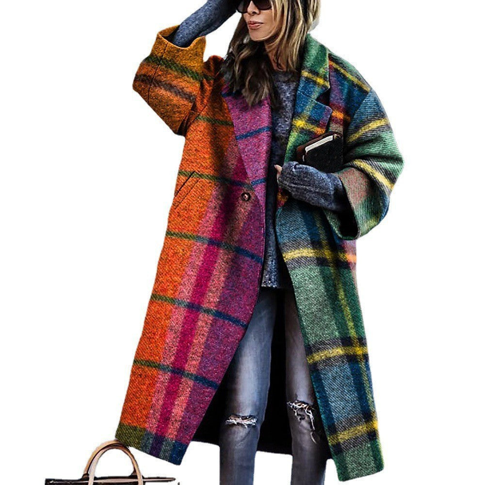 Autumn Long Sleeve Notched Lapel Printed Woolen Trench Coat for Women