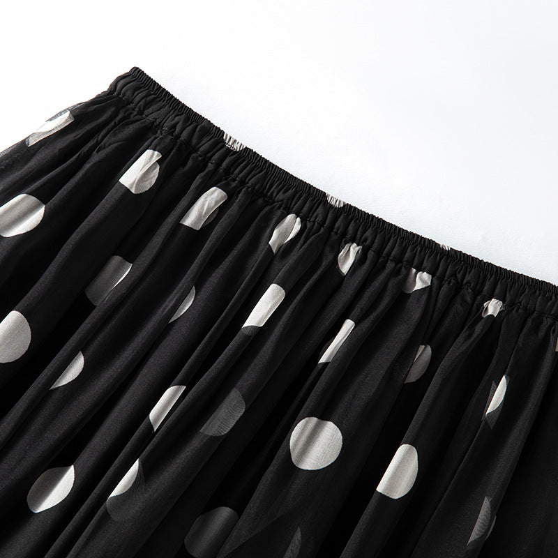 Black Polka Dot Silk Skirt for Women, Lightweight Chiffon Satin Beach Skirt with Floral Pattern