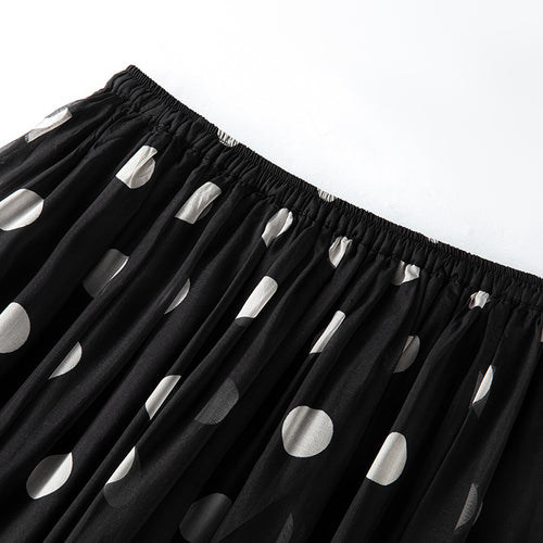 Black Polka Dot Silk Skirt for Women, Lightweight Chiffon Satin Beach Skirt with Floral Pattern