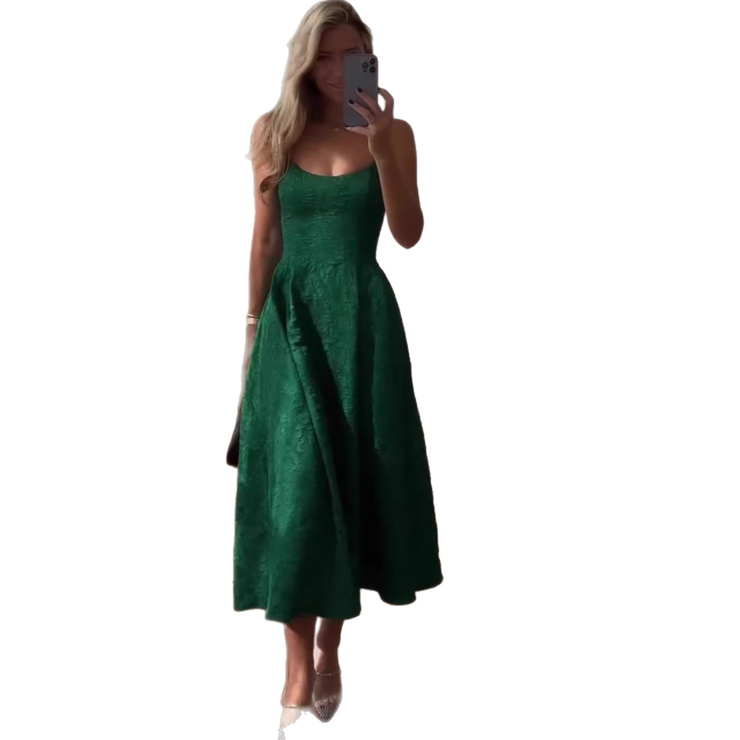 Ruched Letter Print Green Strap Long Dress with Waistline Elegant Casual Knit Dress