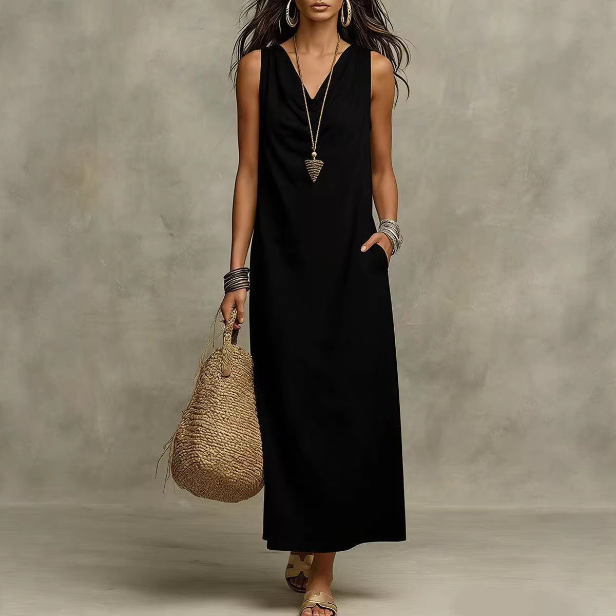 Elegant Sleeveless V-Neck Long Dress Summer Fashion Dress