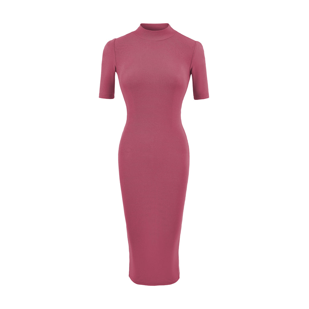 Half-High Neck Mid-Sleeve Back Slit Dress for Women,  Fitted A-Line Bodycon Skirt