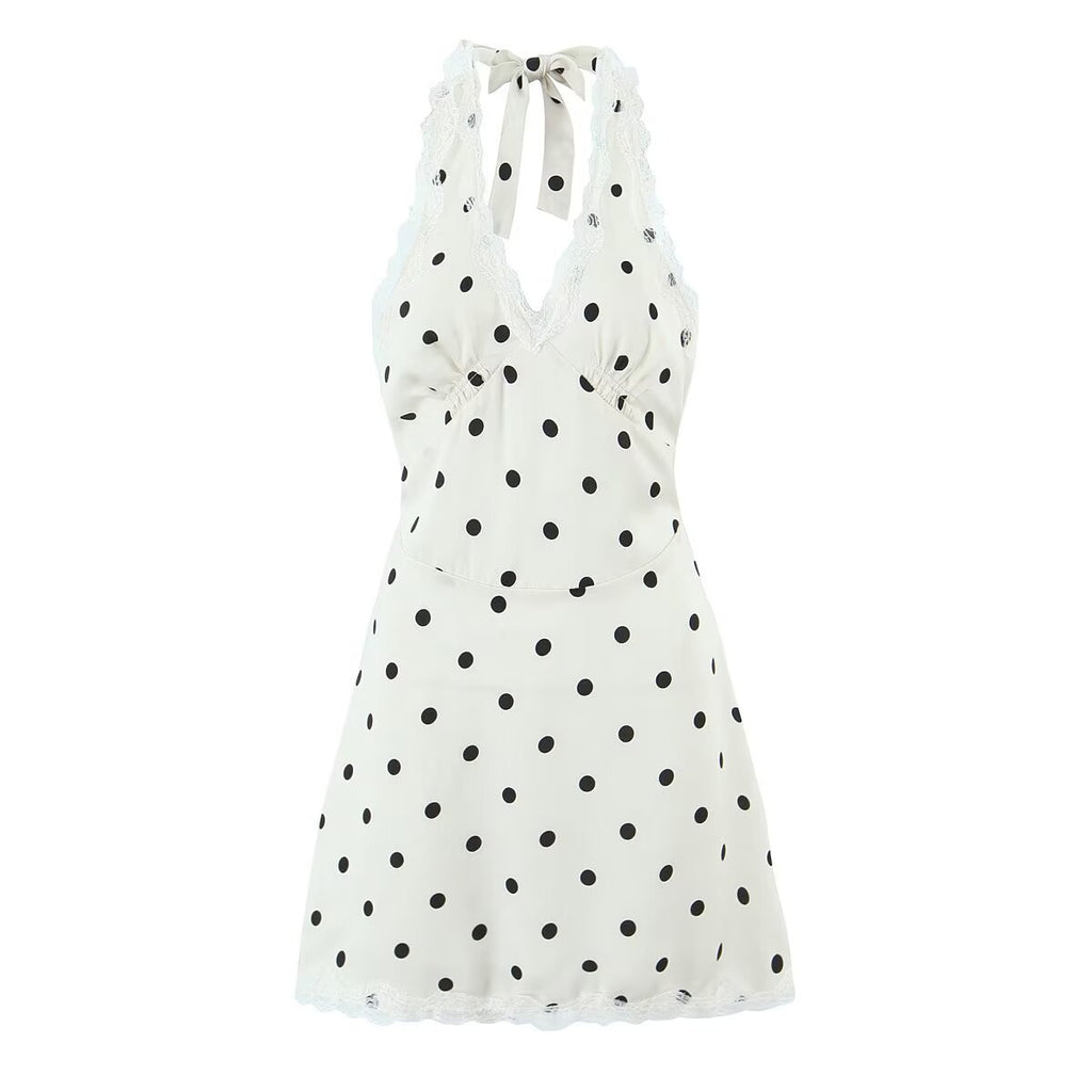 Versatile lace patchwork polka dot neck skirt
