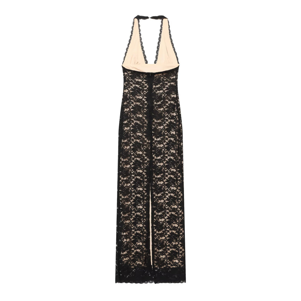 Hanging neck lace slit slim fit dress