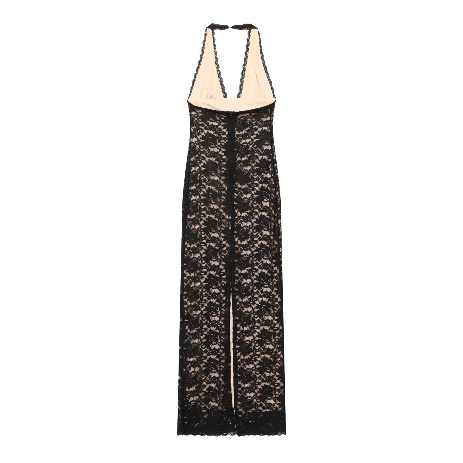 Hanging neck lace slit slim fit dress