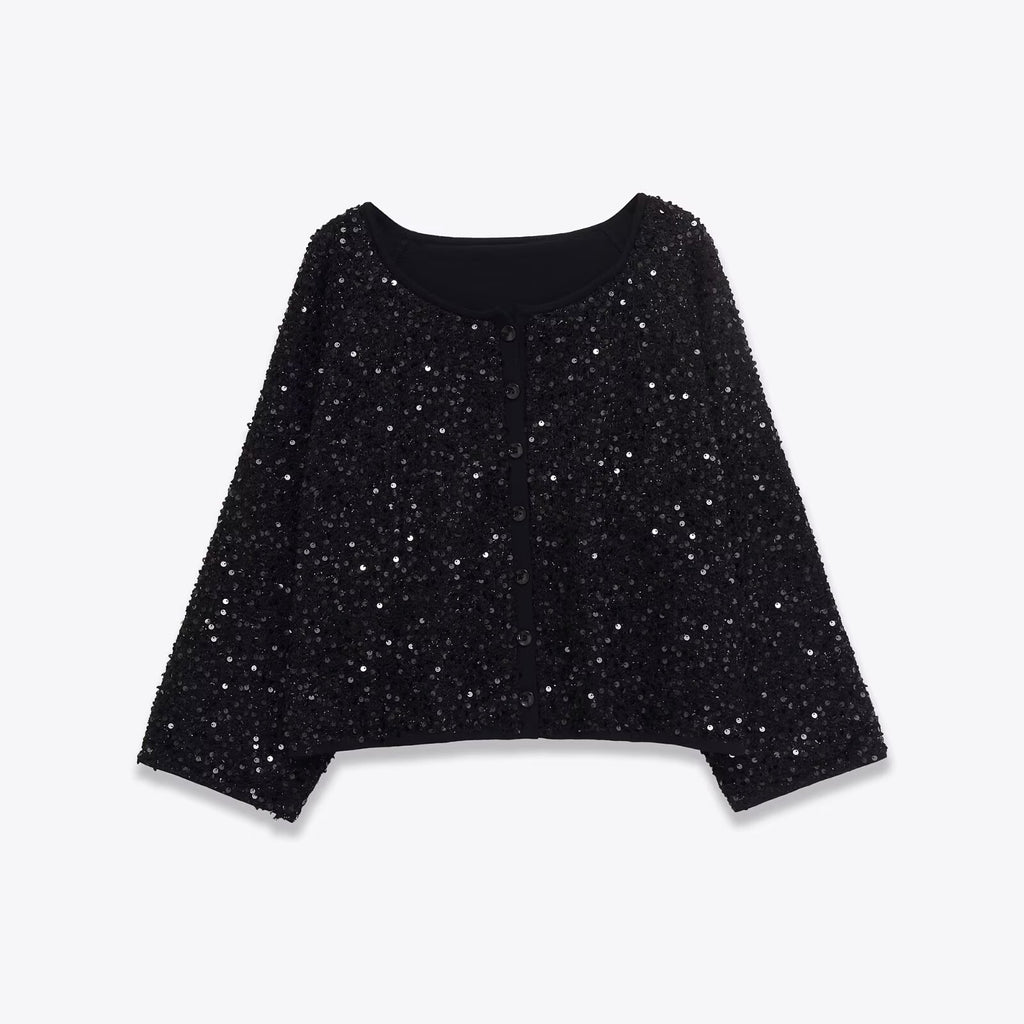 Long sleeved double-layer straight collar pearl knit jacket