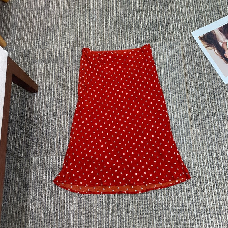 Crete Summer Silk Chiffon Floral Asymmetric Fish Tail Skirt Women  Retro Polka Dot Skirt