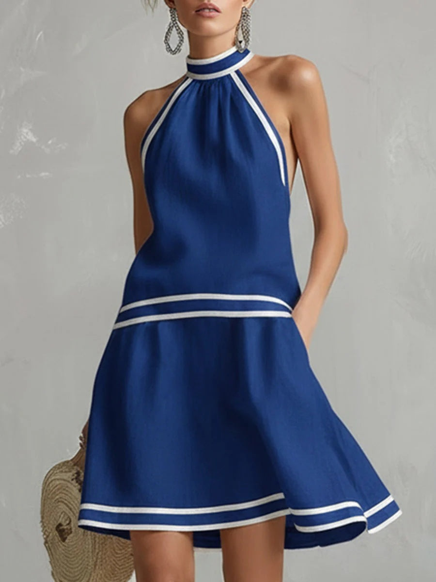 Choker Neck Fashion Short Dress with Striped Trim, Comfortable Sleeveless Fitted Dress
