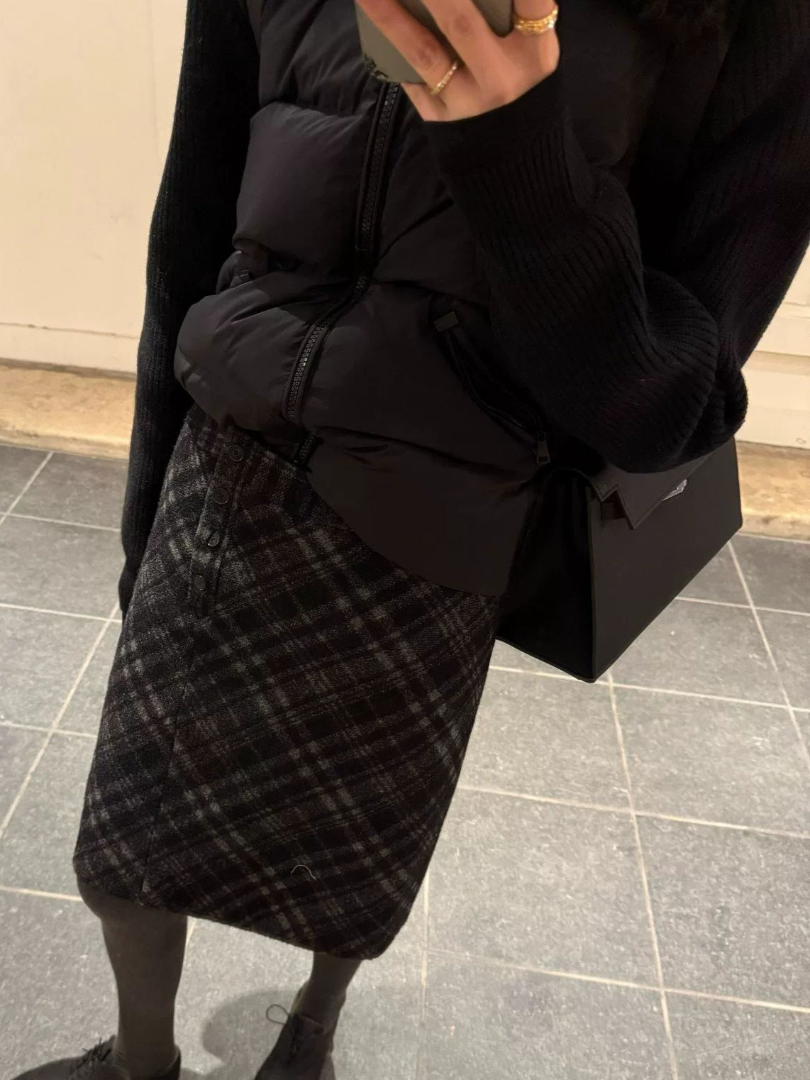 Checkered Skirt  Woolen A-Line Long Skirt Slim Fit High-Waisted Pencil Skirt
