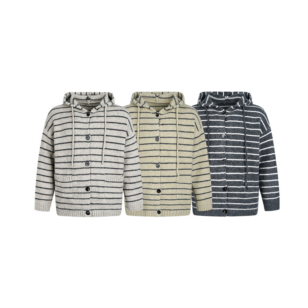 Striped hooded knitted sweater jacket