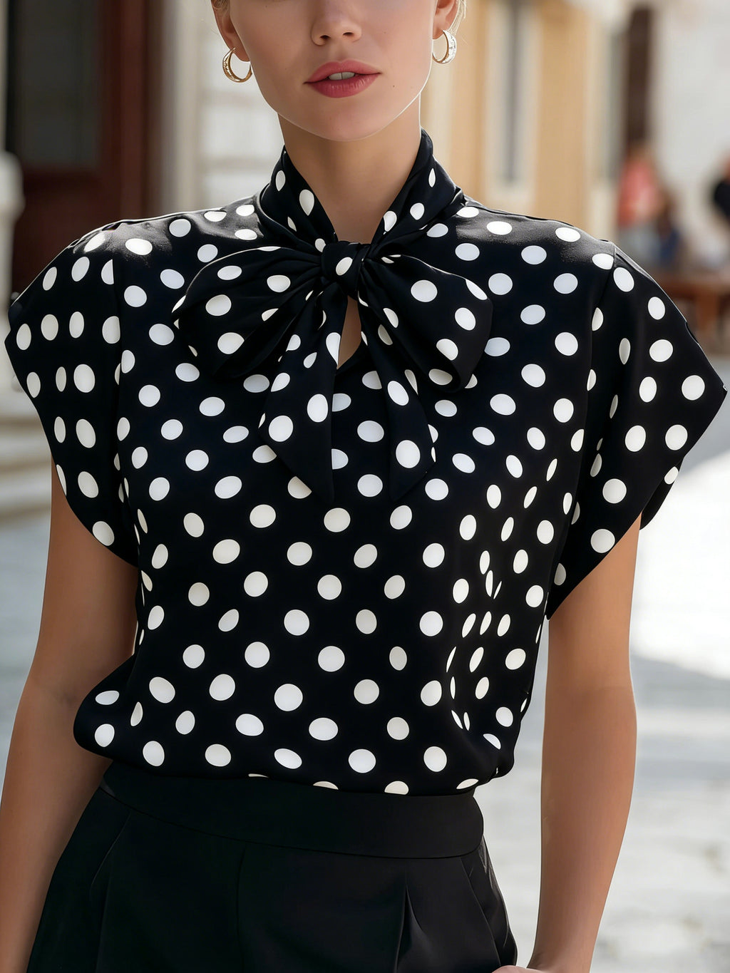 Bow collar polka dot short sleeved top