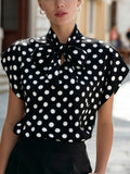 Bow collar polka dot short sleeved top