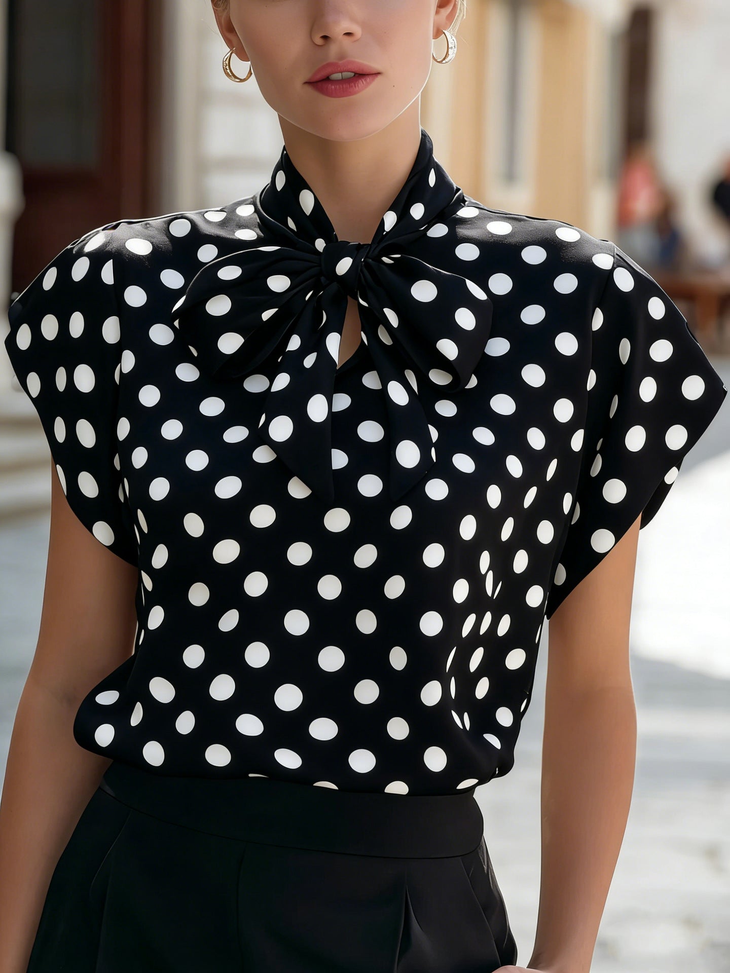 Bow collar polka dot short sleeved top