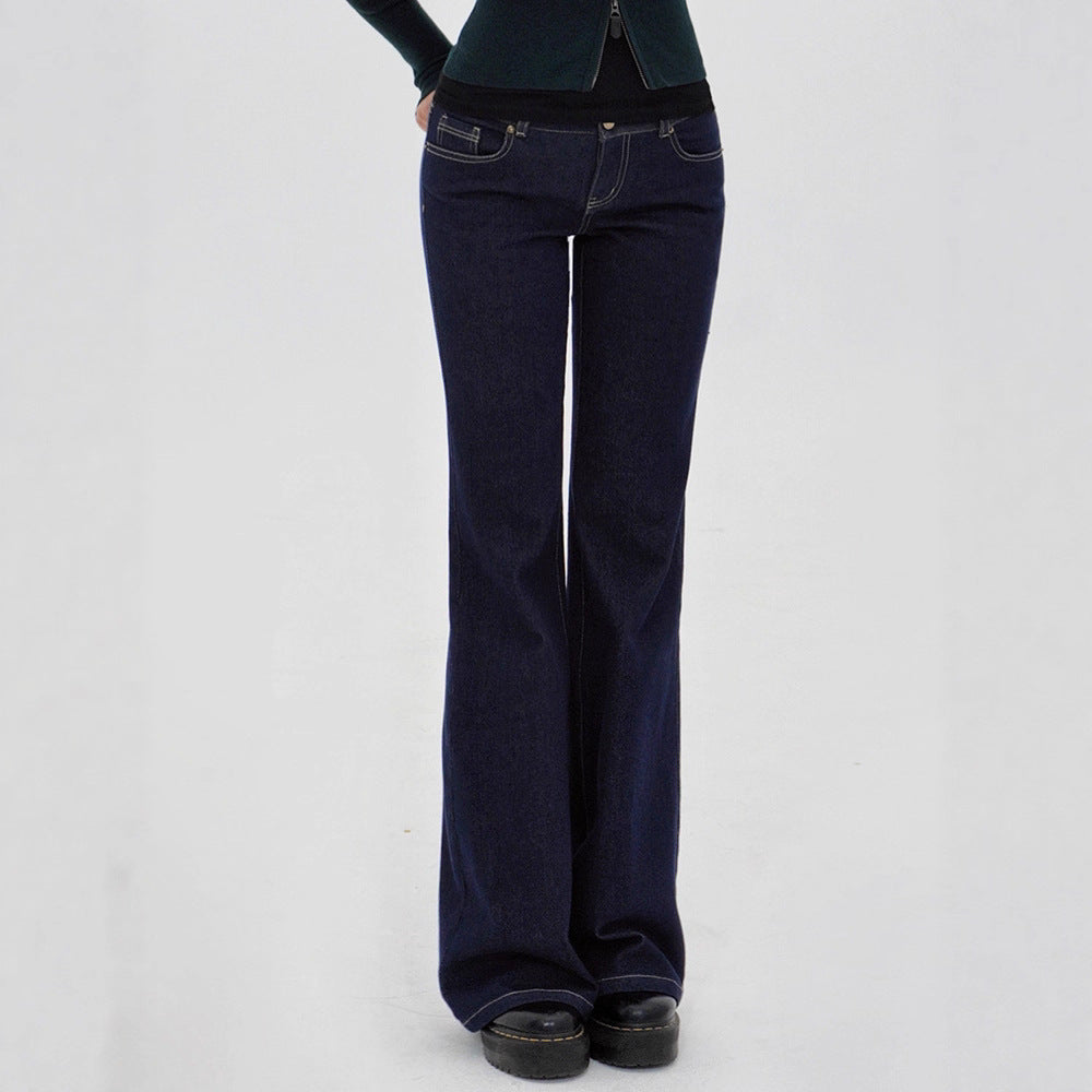 Low-Waist Original Color Straight Leg Flared Denim Jeans with Stretch,  Waist-Defining Long Pants for Women