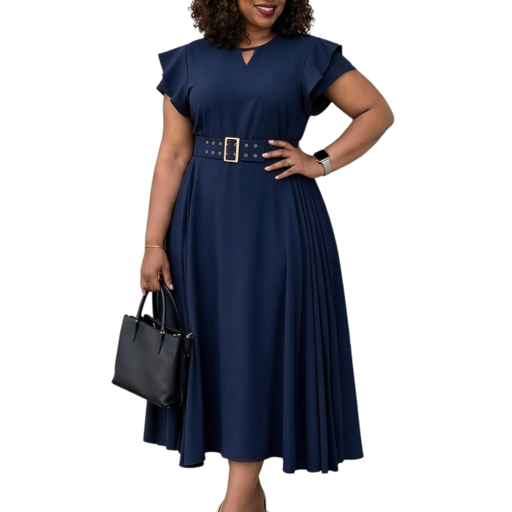 Short sleeved solid color high waist mid length dress