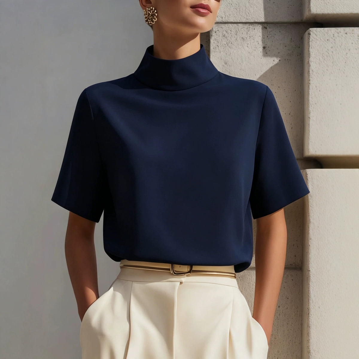 Solid color stand up collar short sleeved top