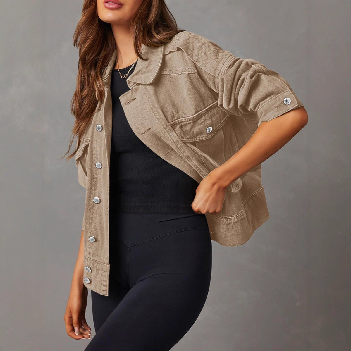 Retro Khaki Denim Short Jacket Loose Fit Long Sleeve Capless Denim Jacket for Women
