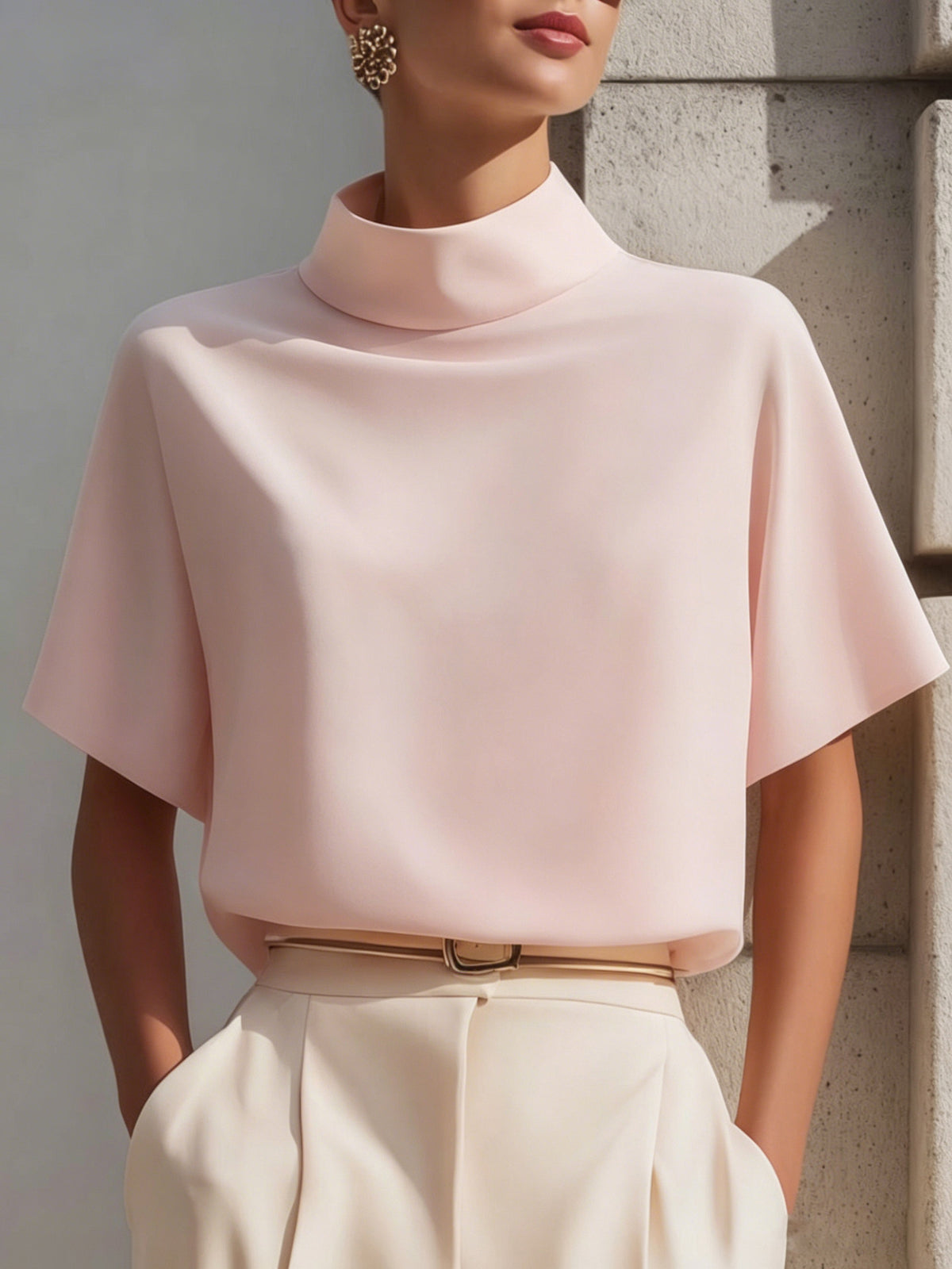 Solid color stand up collar short sleeved top