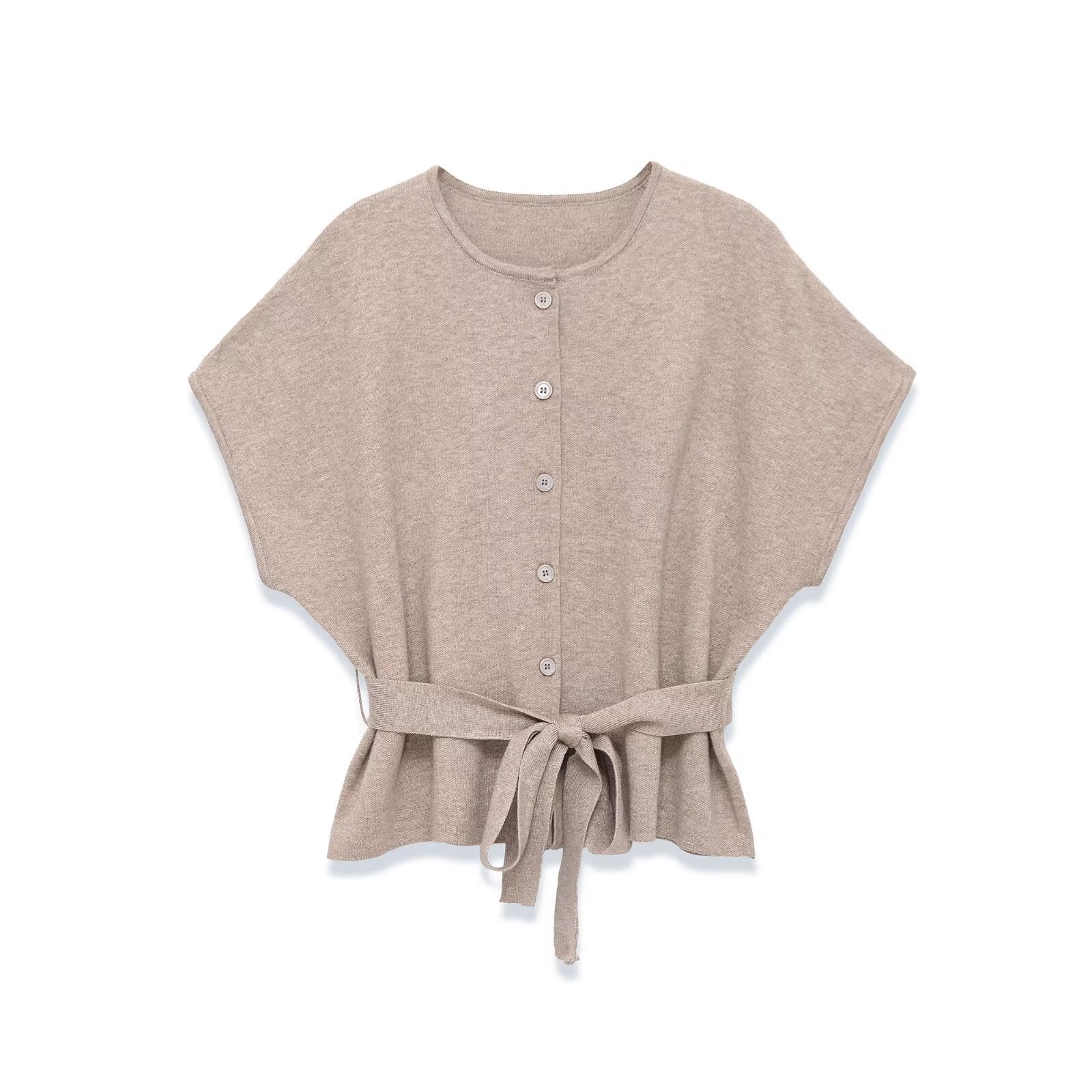 Round neck short sleeved knitted jacket with belt