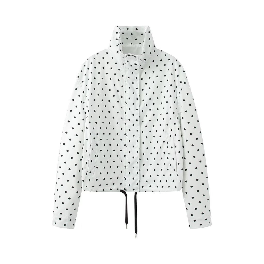 Chic Dot Print Bubble Sleeve Stand Collar Jacket for Women