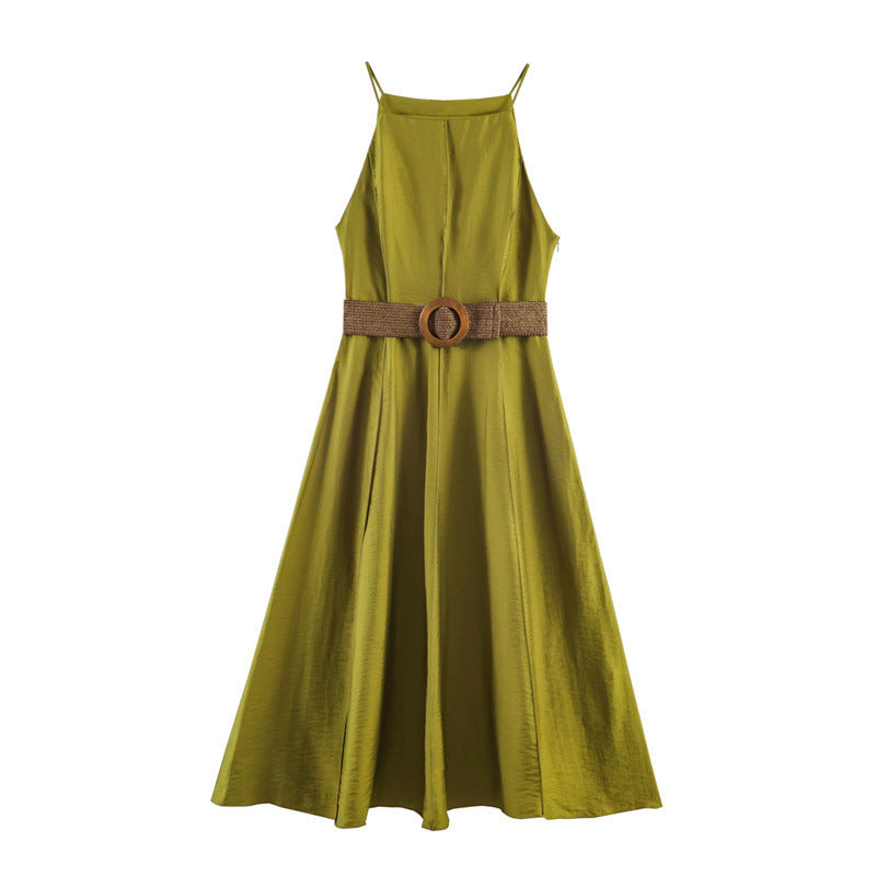 Loose Casual Solid Color Dress with Waist Belt for Women